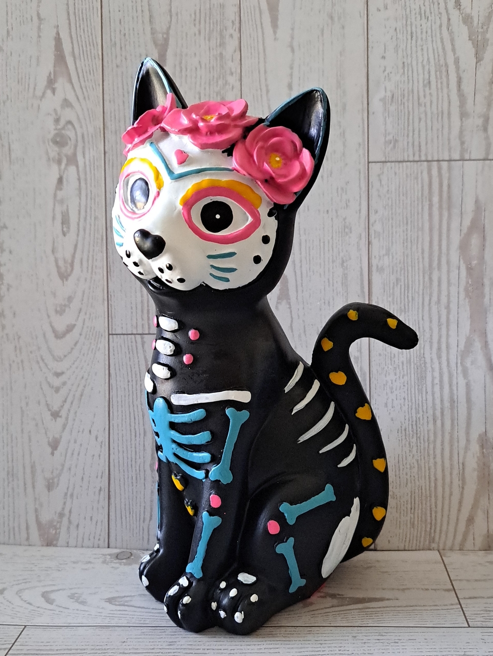 Day of the Dead Black Cat Figurine with Pink Floral Crown Halloween Decor New